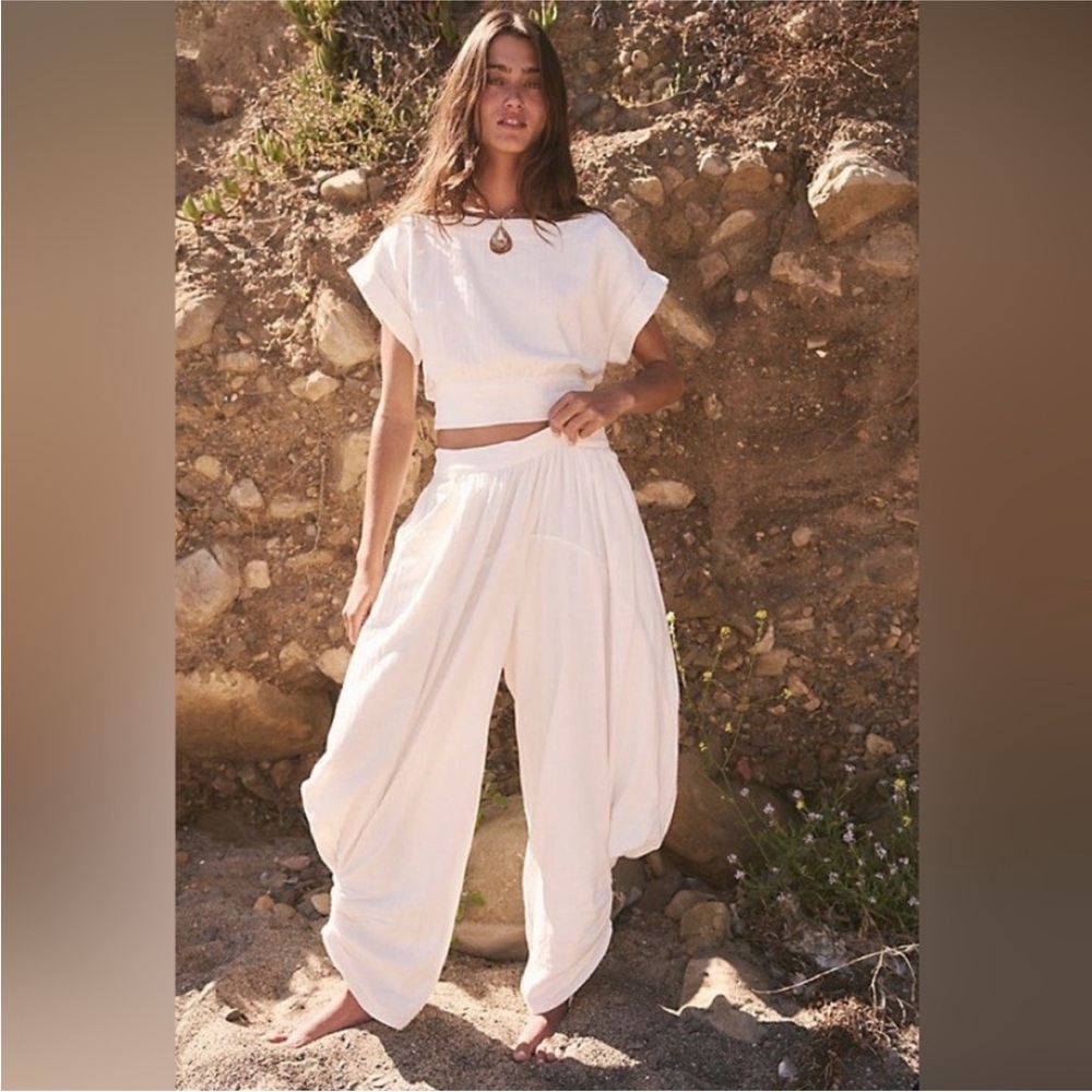 Free People 2 piece Harem Bohemian Top & Pant Set Ivory White Size Large $256